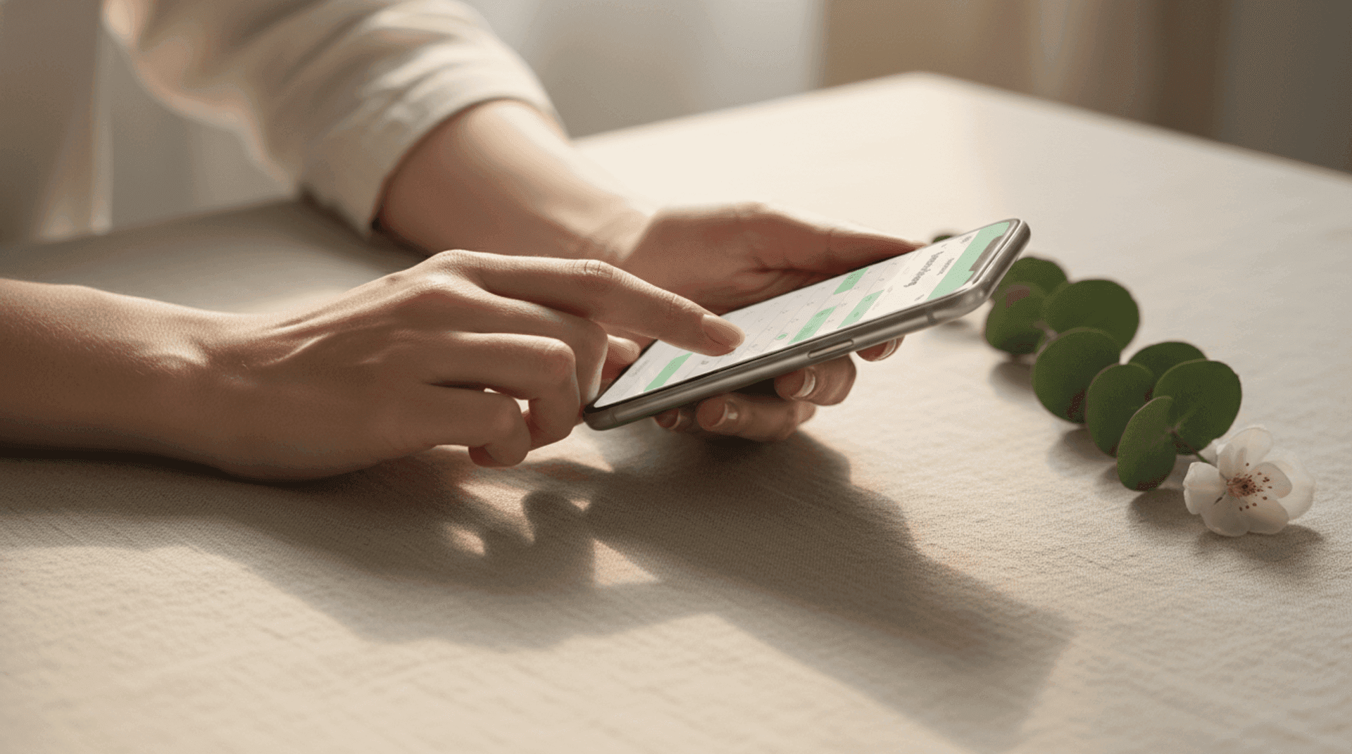 Dłonie trzymające telefon z wyświetlonym spokojnym, minimalistycznym ekranem rezerwacji wizyty w miękkim świetle